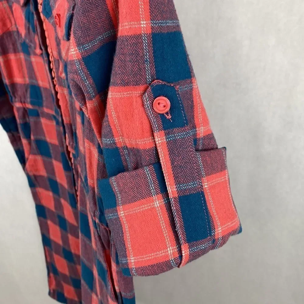 Esley Plaid Shirt Dress Small Pink Blue Long Sleeve Cotton Cinch Tie Waist